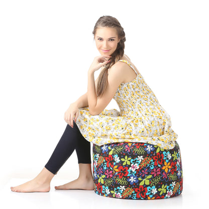 Style Homez Round Ottoman, Cotton Canvas Eloral Printed Bean Bag Stool Large Size Filled with Beans, Multi Color