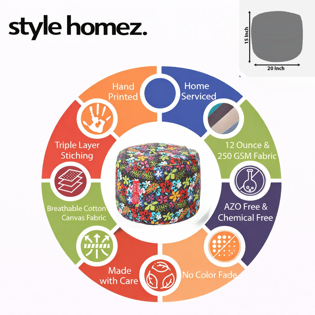 Style Homez Round Ottoman, Cotton Canvas Eloral Printed Bean Bag Stool Large Size Filled with Beans, Multi Color