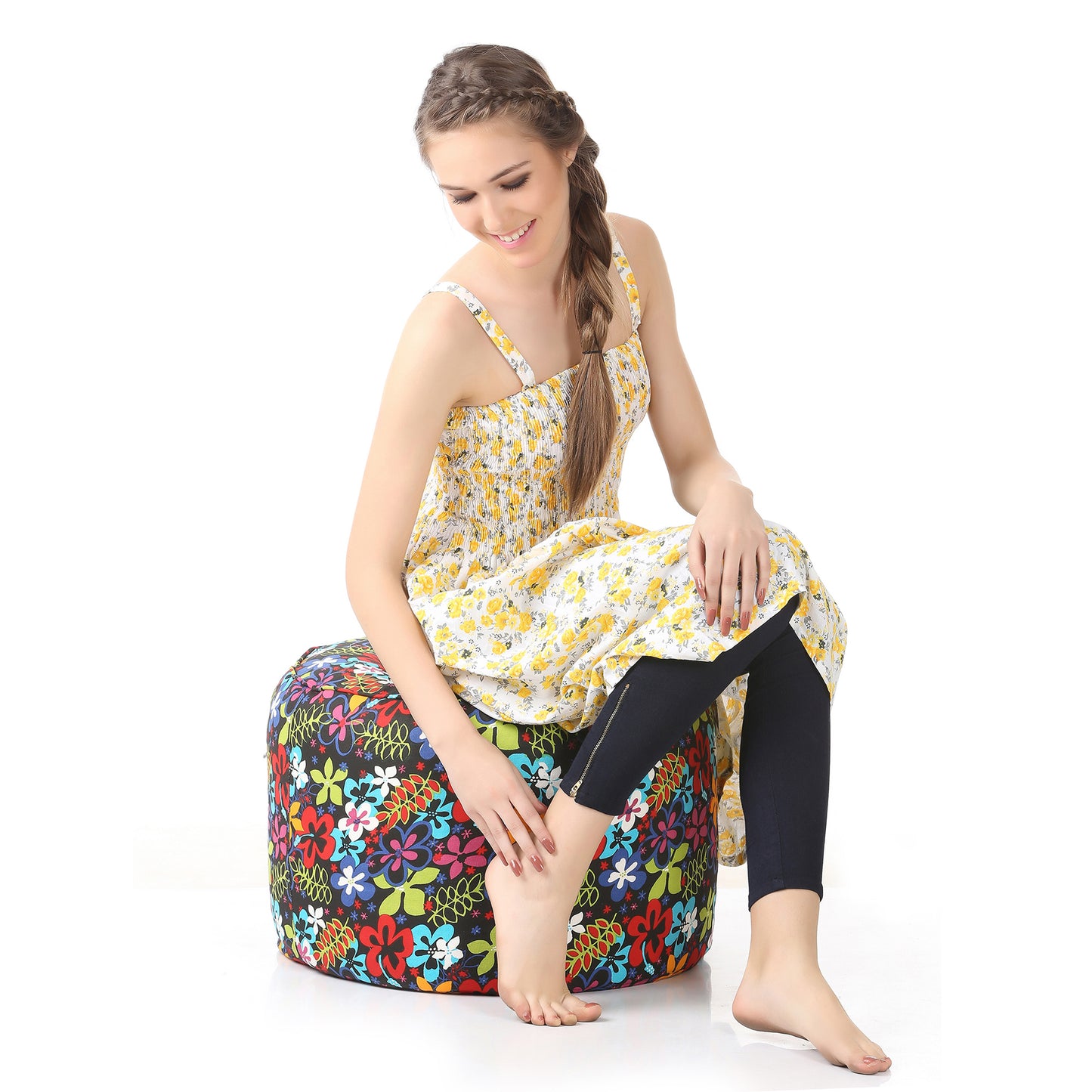 Style Homez Round Ottoman, Cotton Canvas Eloral Printed Bean Bag Stool Large Size Filled with Beans, Multi Color