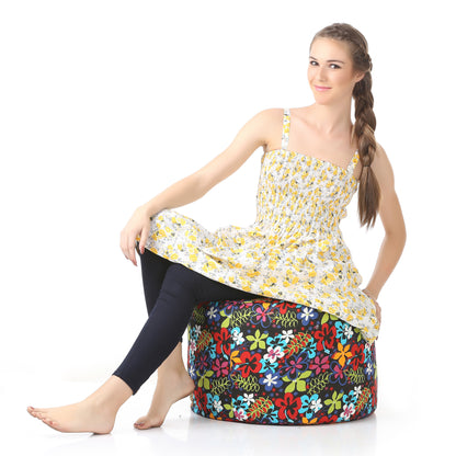 Style Homez Round Ottoman, Cotton Canvas Eloral Printed Bean Bag Stool Large Size Filled with Beans, Multi Color