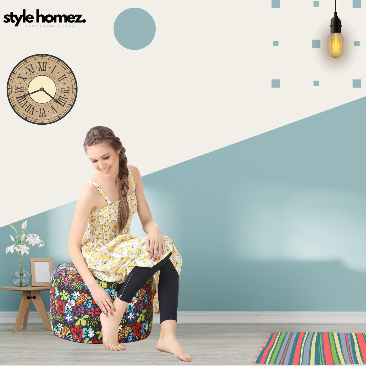 Style Homez Round Ottoman, Cotton Canvas Eloral Printed Bean Bag Stool Large Size Filled with Beans, Multi Color