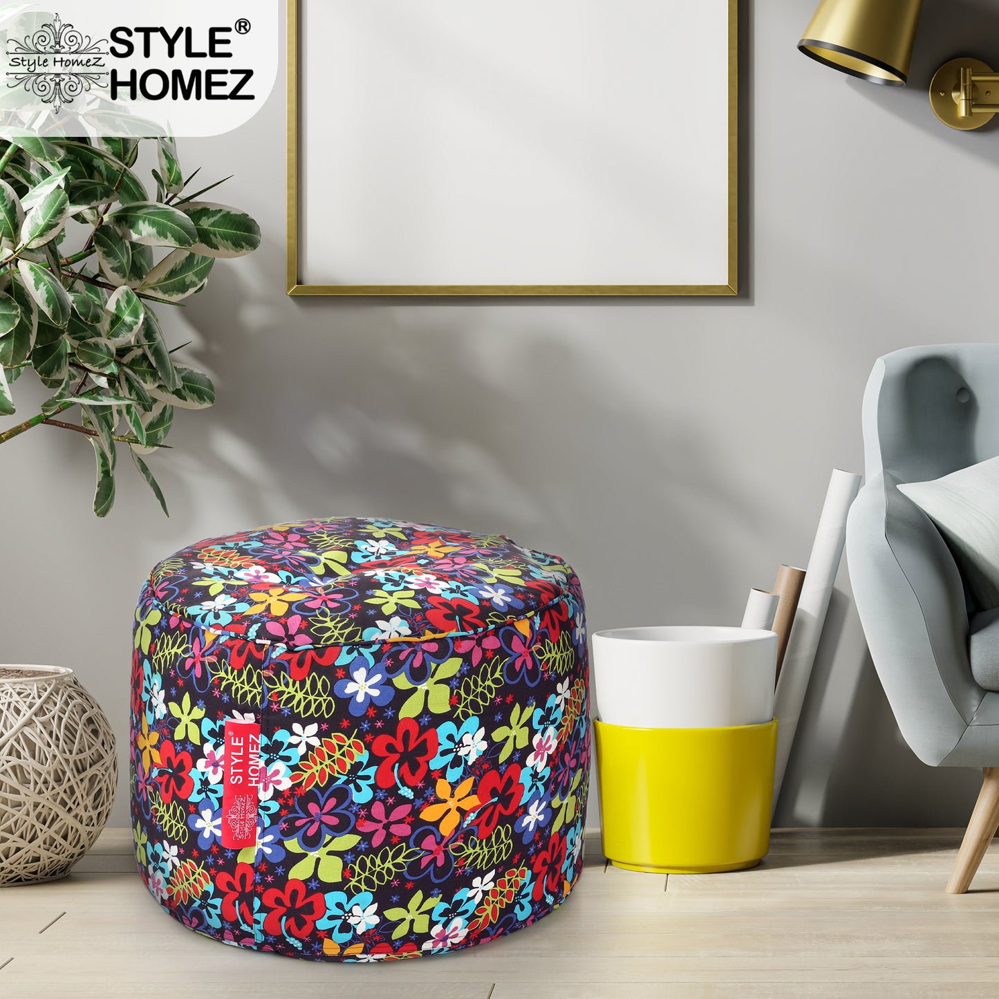 Style Homez Round Ottoman, Cotton Canvas Eloral Printed Bean Bag Stool Large Size Filled with Beans, Multi Color
