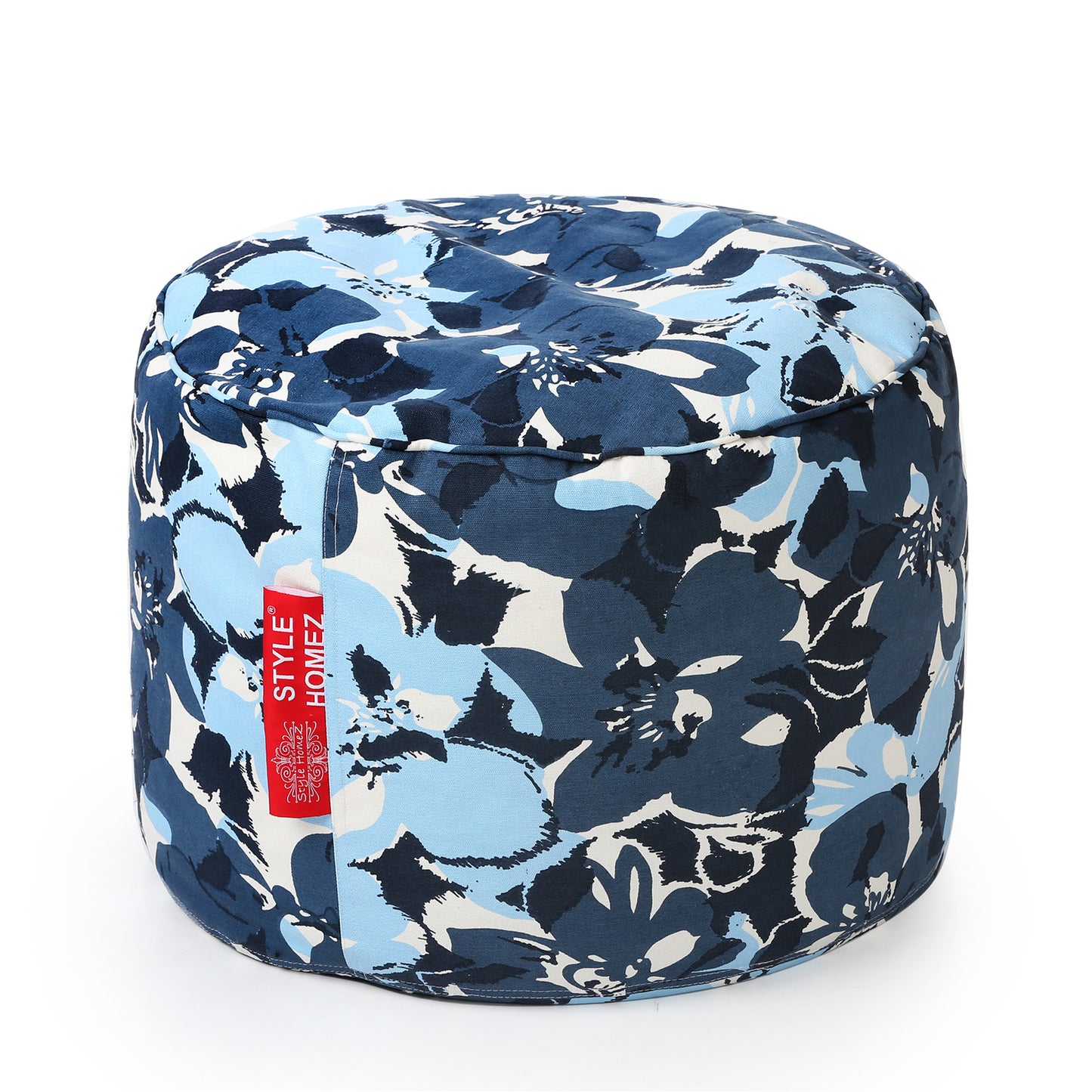 Style Homez Round Ottoman, Cotton Canvas Eloral Printed Bean Bag Stool Large Size Filled with Beans Fillers, Blue Color