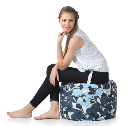 Style Homez Round Ottoman, Cotton Canvas Eloral Printed Bean Bag Stool Large Size Filled with Beans Fillers, Blue Color