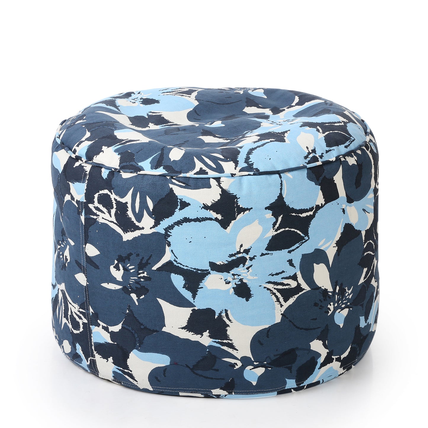 Style Homez Round Ottoman, Cotton Canvas Eloral Printed Bean Bag Stool Large Size Filled with Beans Fillers, Blue Color