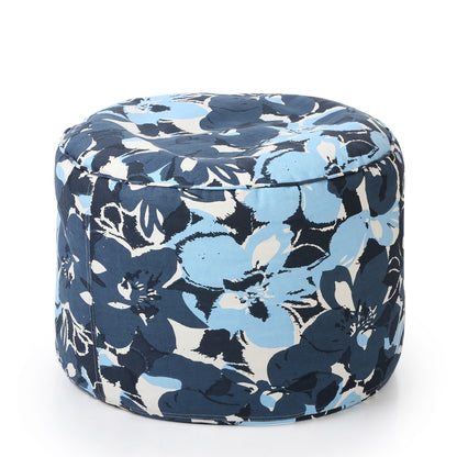 Style Homez Round Ottoman, Cotton Canvas Eloral Printed Bean Bag Stool Large Size Filled with Beans Fillers, Blue Color