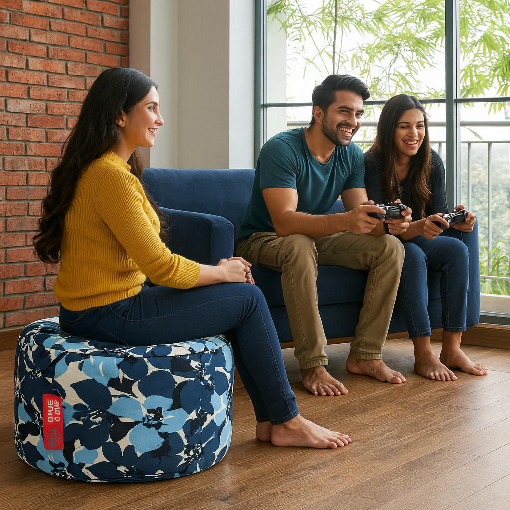 Style Homez Round Ottoman, Cotton Canvas Eloral Printed Bean Bag Stool Large Size Filled with Beans Fillers, Blue Color