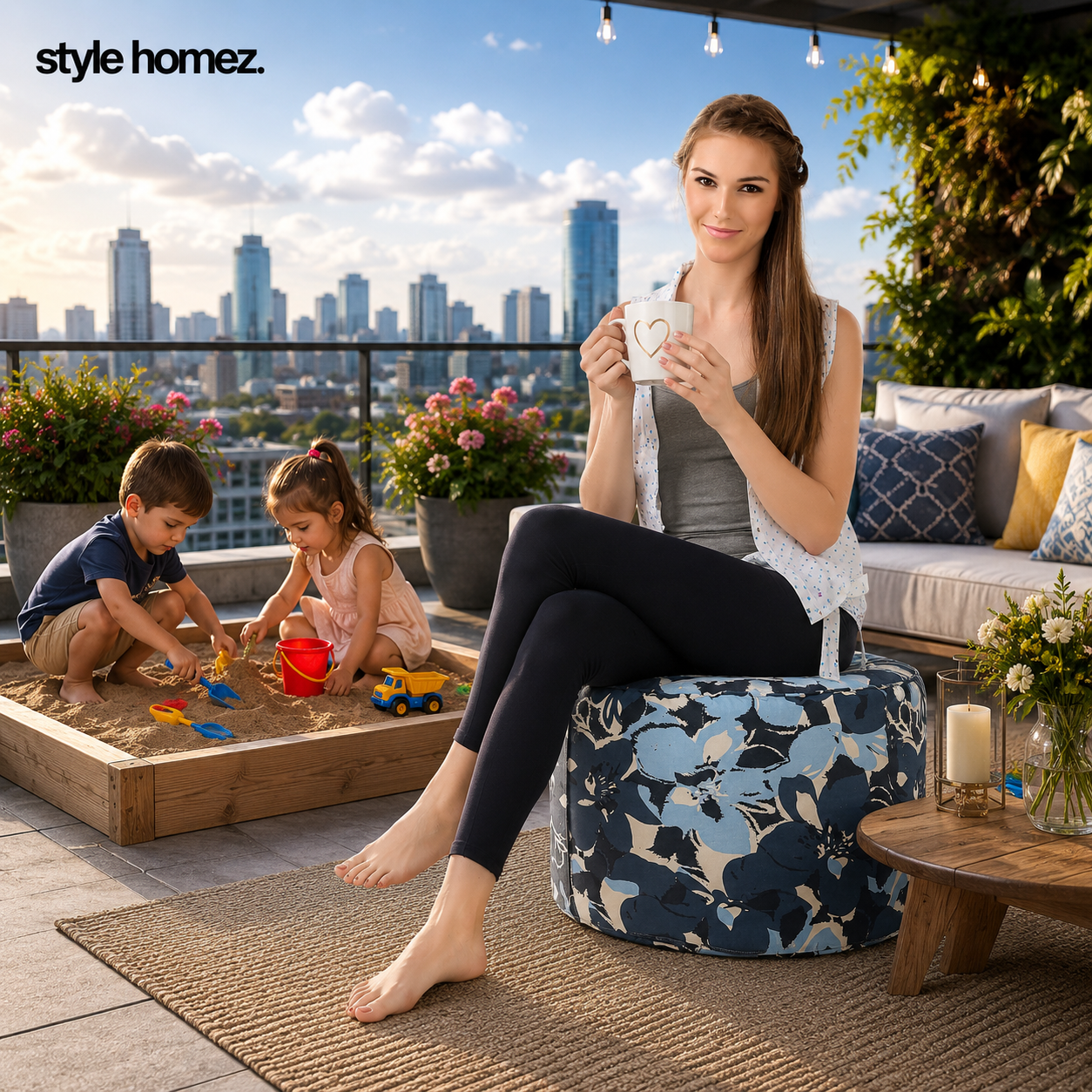 Style Homez Round Ottoman, Cotton Canvas Eloral Printed Bean Bag Stool Large Size Filled with Beans Fillers, Blue Color
