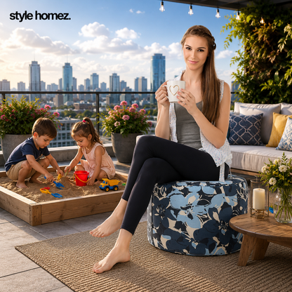 Style Homez Round Ottoman, Cotton Canvas Eloral Printed Bean Bag Stool Large Size Filled with Beans Fillers, Blue Color