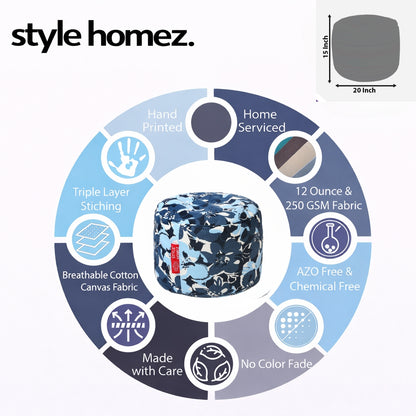 Style Homez Round Ottoman, Cotton Canvas Eloral Printed Bean Bag Stool Large Size Filled with Beans Fillers, Blue Color