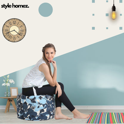 Style Homez Round Ottoman, Cotton Canvas Eloral Printed Bean Bag Stool Large Size Filled with Beans Fillers, Blue Color