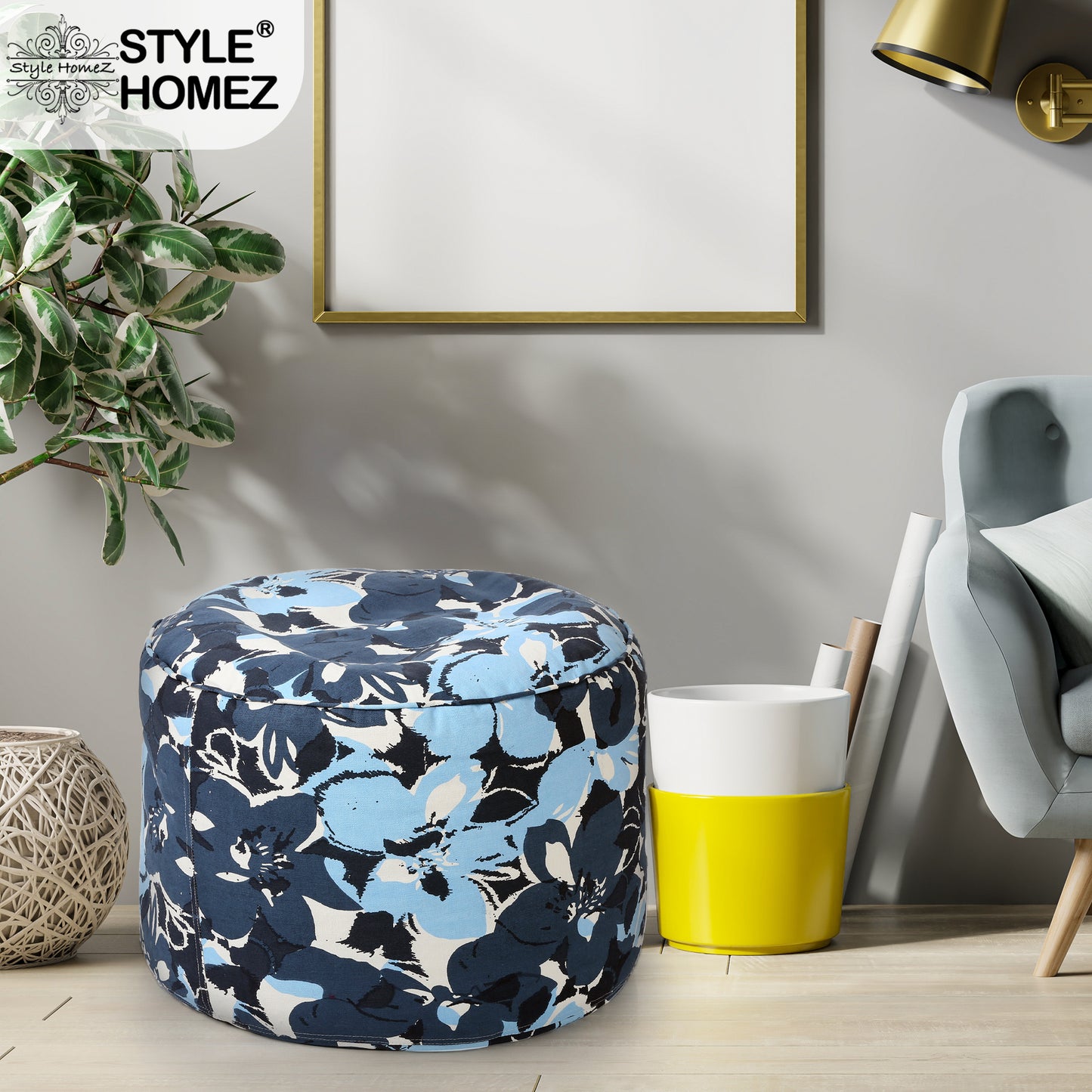 Style Homez Round Ottoman, Cotton Canvas Eloral Printed Bean Bag Stool Large Size Filled with Beans Fillers, Blue Color