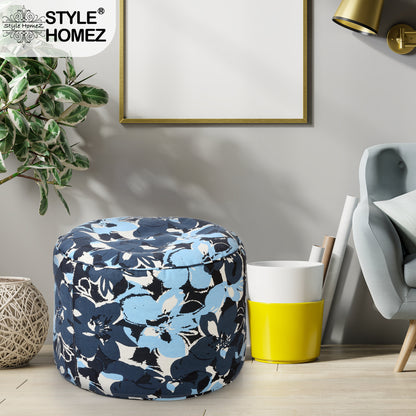 Style Homez Round Ottoman, Cotton Canvas Eloral Printed Bean Bag Stool Large Size Filled with Beans Fillers, Blue Color