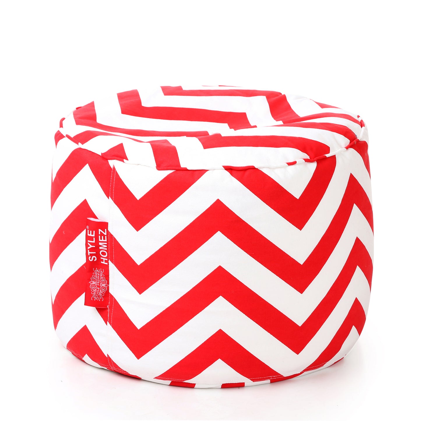 Style Homez Round Ottoman, Cotton Canvas Stripes Printed Bean Bag Stool Large Size Filled with Beans Fillers, Red Color