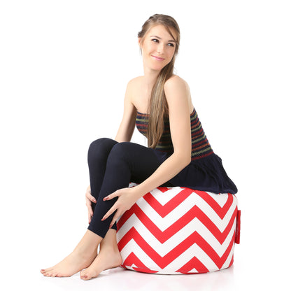 Style Homez Round Ottoman, Cotton Canvas Stripes Printed Bean Bag Stool Large Size Filled with Beans Fillers, Red Color