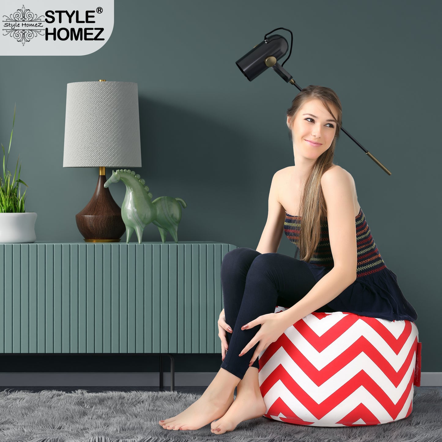 Style Homez Round Ottoman, Cotton Canvas Stripes Printed Bean Bag Stool Large Size Filled with Beans Fillers, Red Color