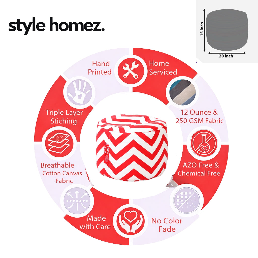 Style Homez Round Ottoman, Cotton Canvas Stripes Printed Bean Bag Stool Large Size Filled with Beans Fillers, Red Color