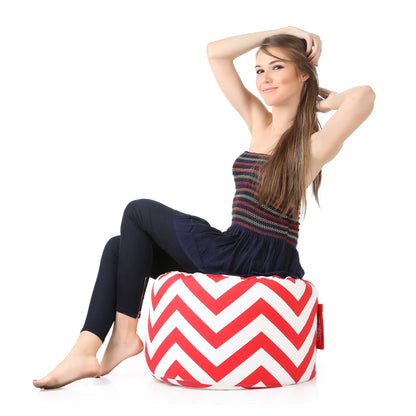 Style Homez Round Ottoman, Cotton Canvas Stripes Printed Bean Bag Stool Large Size Filled with Beans Fillers, Red Color