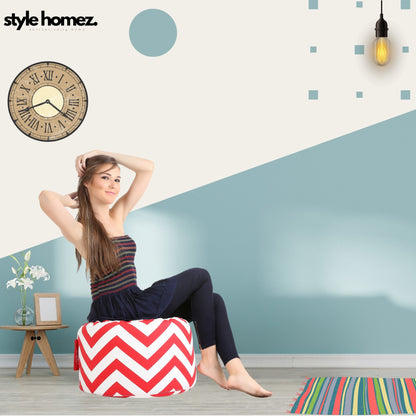 Style Homez Round Ottoman, Cotton Canvas Stripes Printed Bean Bag Stool Large Size Filled with Beans Fillers, Red Color