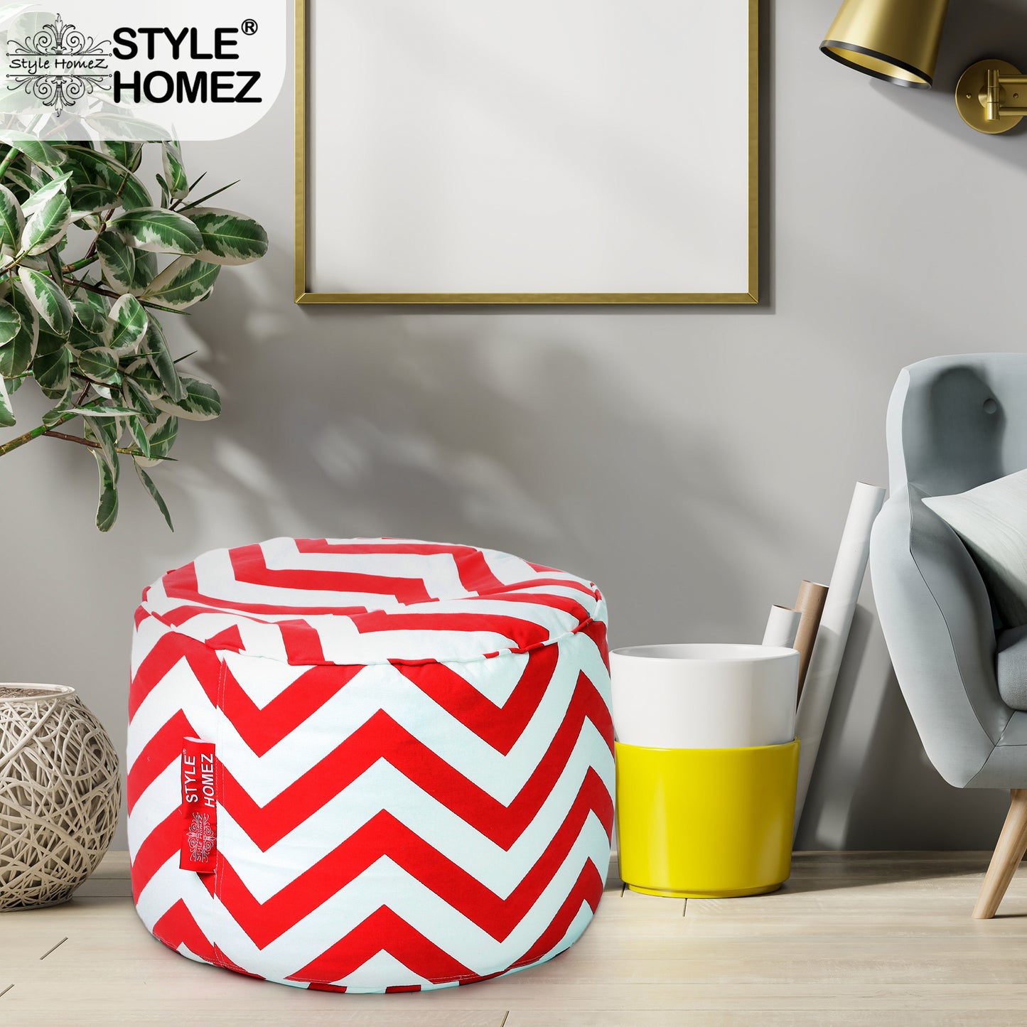 Style Homez Round Ottoman, Cotton Canvas Stripes Printed Bean Bag Stool Large Size Filled with Beans Fillers, Red Color