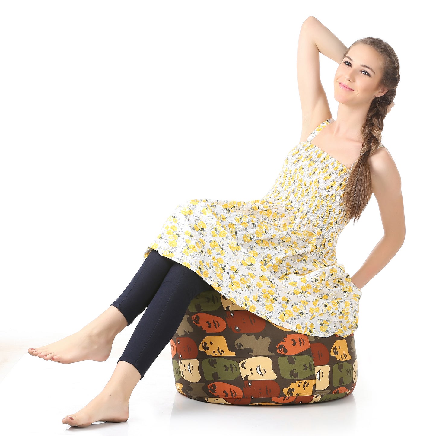 Style Homez Round Ottoman, Cotton Canvas Abstract Printed Bean Bag Stool Large Size Filled with Beans Fillers, Multi Color