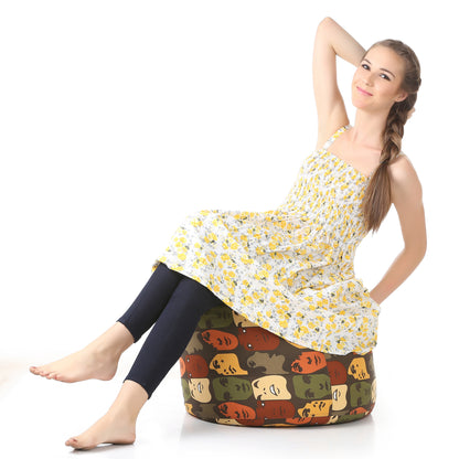 Style Homez Round Ottoman, Cotton Canvas Abstract Printed Bean Bag Stool Large Size Filled with Beans Fillers, Multi Color