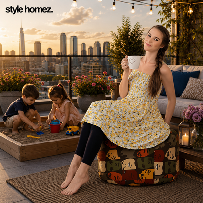 Style Homez Round Ottoman, Cotton Canvas Abstract Printed Bean Bag Stool Large Size Filled with Beans Fillers, Multi Color