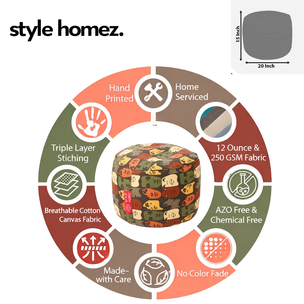 Style Homez Round Ottoman, Cotton Canvas Abstract Printed Bean Bag Stool Large Size Filled with Beans Fillers, Multi Color