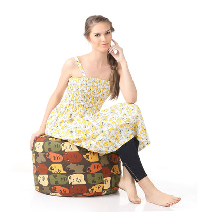 Style Homez Round Ottoman, Cotton Canvas Abstract Printed Bean Bag Stool Large Size Filled with Beans Fillers, Multi Color
