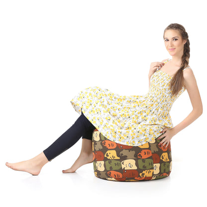 Style Homez Round Ottoman, Cotton Canvas Abstract Printed Bean Bag Stool Large Size Filled with Beans Fillers, Multi Color