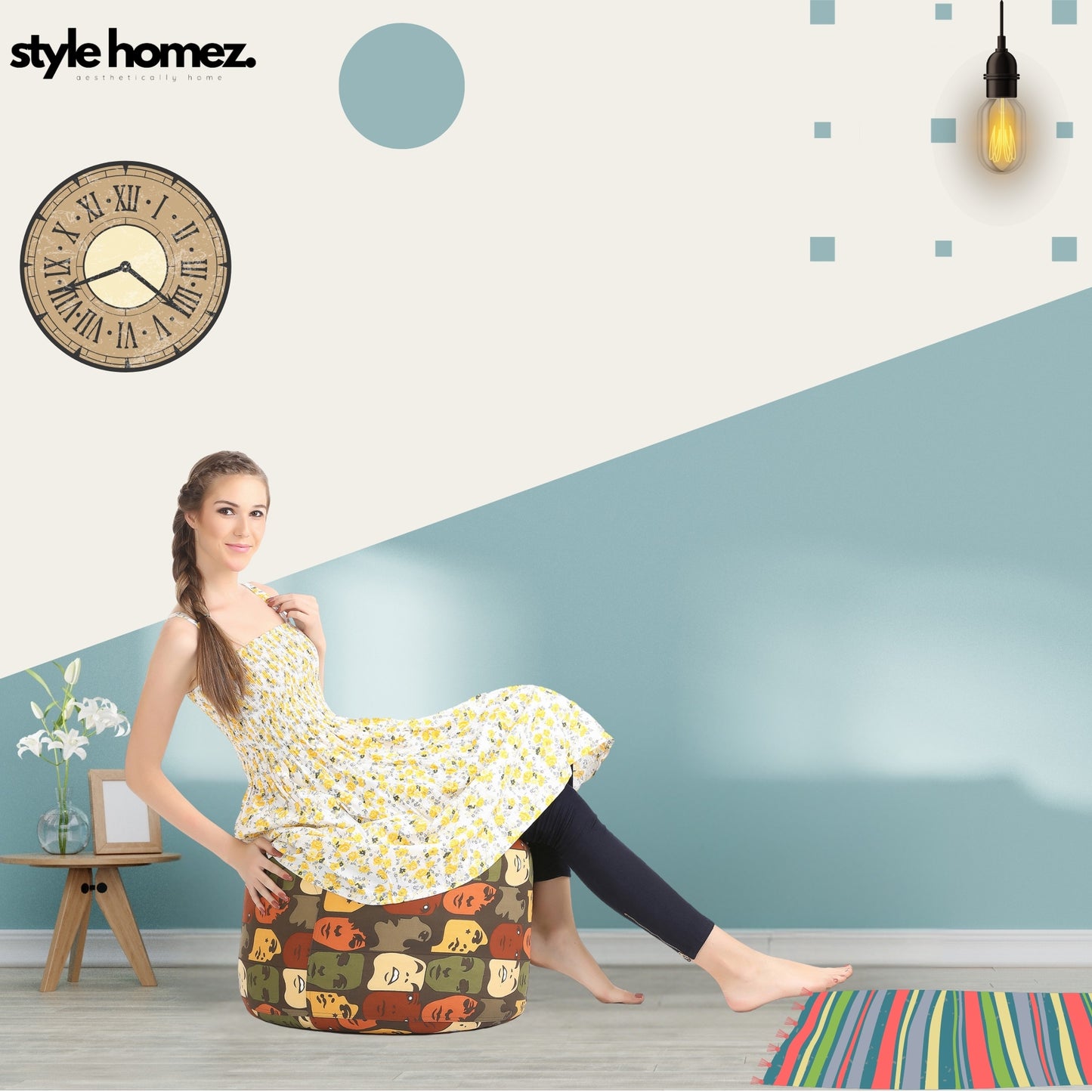 Style Homez Round Ottoman, Cotton Canvas Abstract Printed Bean Bag Stool Large Size Filled with Beans Fillers, Multi Color