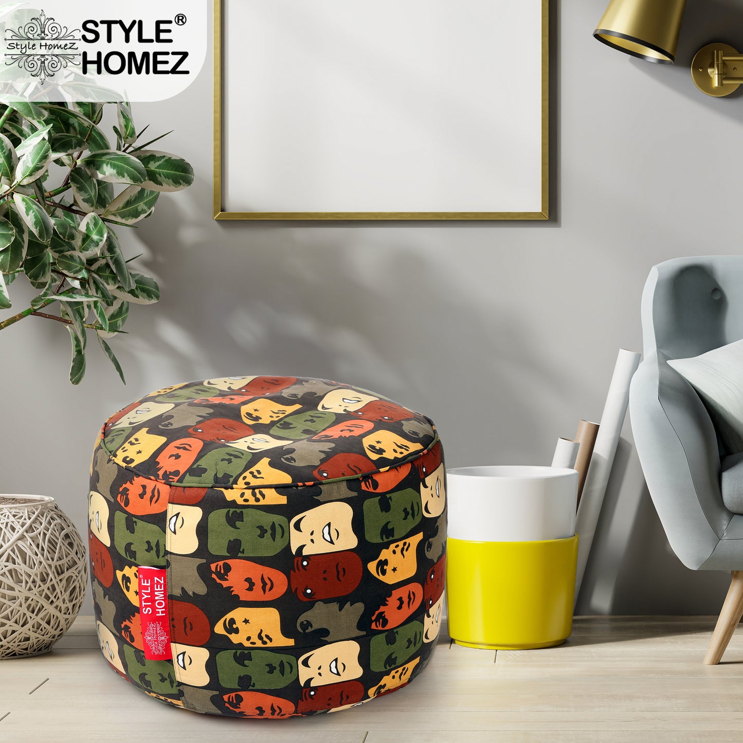Style Homez Round Ottoman, Cotton Canvas Abstract Printed Bean Bag Stool Large Size Filled with Beans Fillers, Multi Color