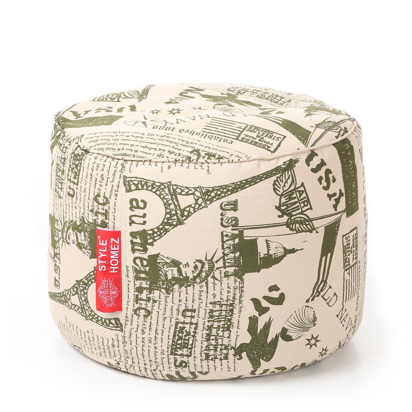 Style Homez Round Ottoman, Cotton Canvas Abstract Printed Bean Bag Stool Large Size Filled with Beans Fillers, Heena Color