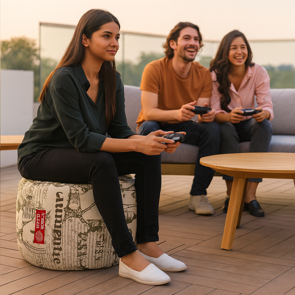 Style Homez Round Ottoman, Cotton Canvas Abstract Printed Bean Bag Stool Large Size Filled with Beans Fillers, Heena Color