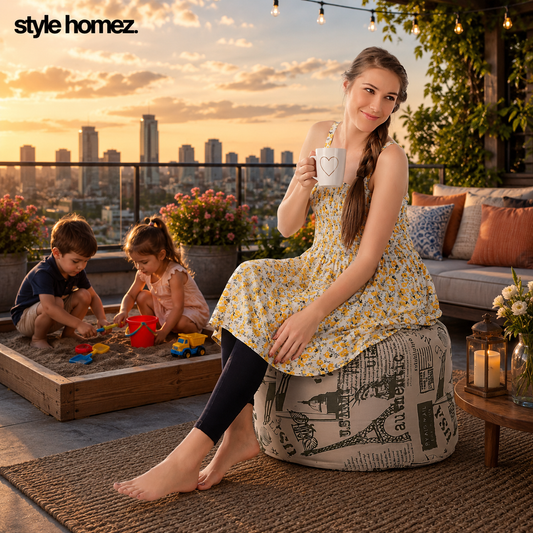 Style Homez Round Ottoman, Cotton Canvas Abstract Printed Bean Bag Stool Large Size Filled with Beans, Heena Color
