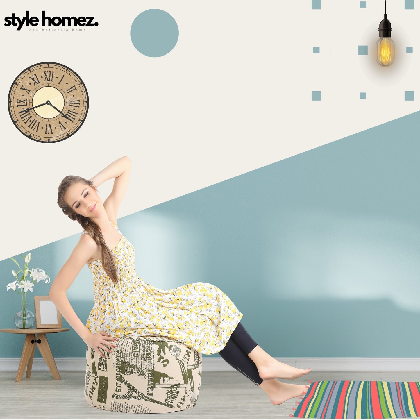 Style Homez Round Ottoman, Cotton Canvas Abstract Printed Bean Bag Stool Large Size Filled with Beans Fillers, Heena Color
