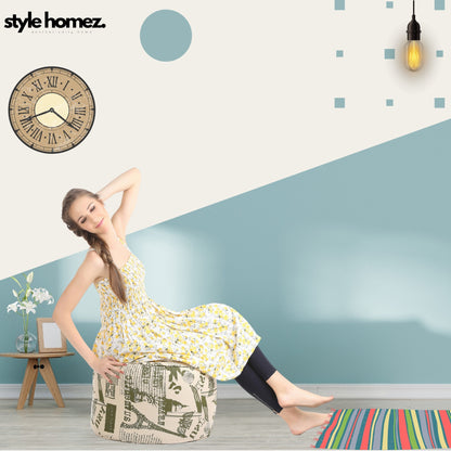Style Homez Round Ottoman, Cotton Canvas Abstract Printed Bean Bag Stool Large Size Filled with Beans Fillers, Heena Color