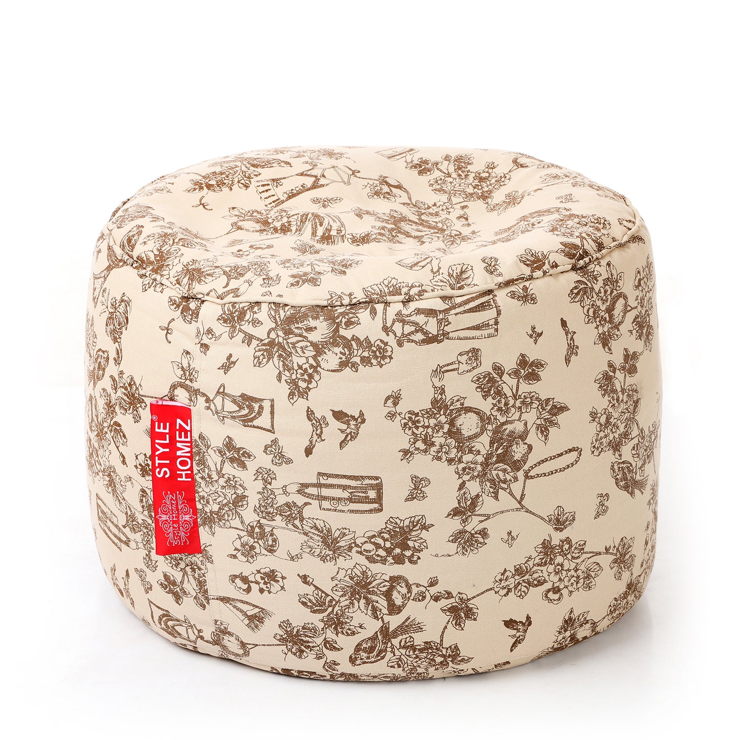 Style Homez Round Ottoman, Cotton Canvas Abstract Printed Bean Bag Stool Large Size Filled with Beans Fillers, Caramel Color