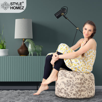 Style Homez Round Ottoman, Cotton Canvas Abstract Printed Bean Bag Stool Large Size Filled with Beans Fillers, Caramel Color