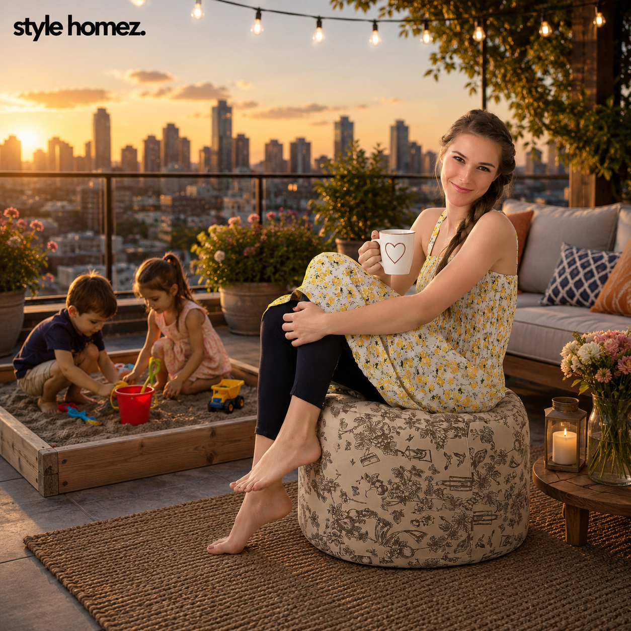 Style Homez Round Ottoman, Cotton Canvas Abstract Printed Bean Bag Stool Large Size Filled with Beans Fillers, Caramel Color