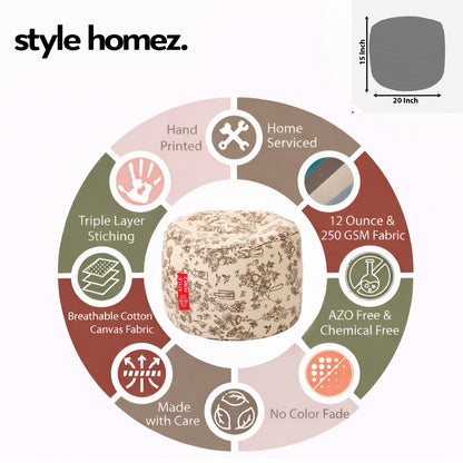 Style Homez Round Ottoman, Cotton Canvas Abstract Printed Bean Bag Stool Large Size Filled with Beans Fillers, Caramel Color