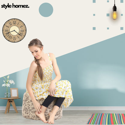 Style Homez Round Ottoman, Cotton Canvas Abstract Printed Bean Bag Stool Large Size Filled with Beans Fillers, Caramel Color