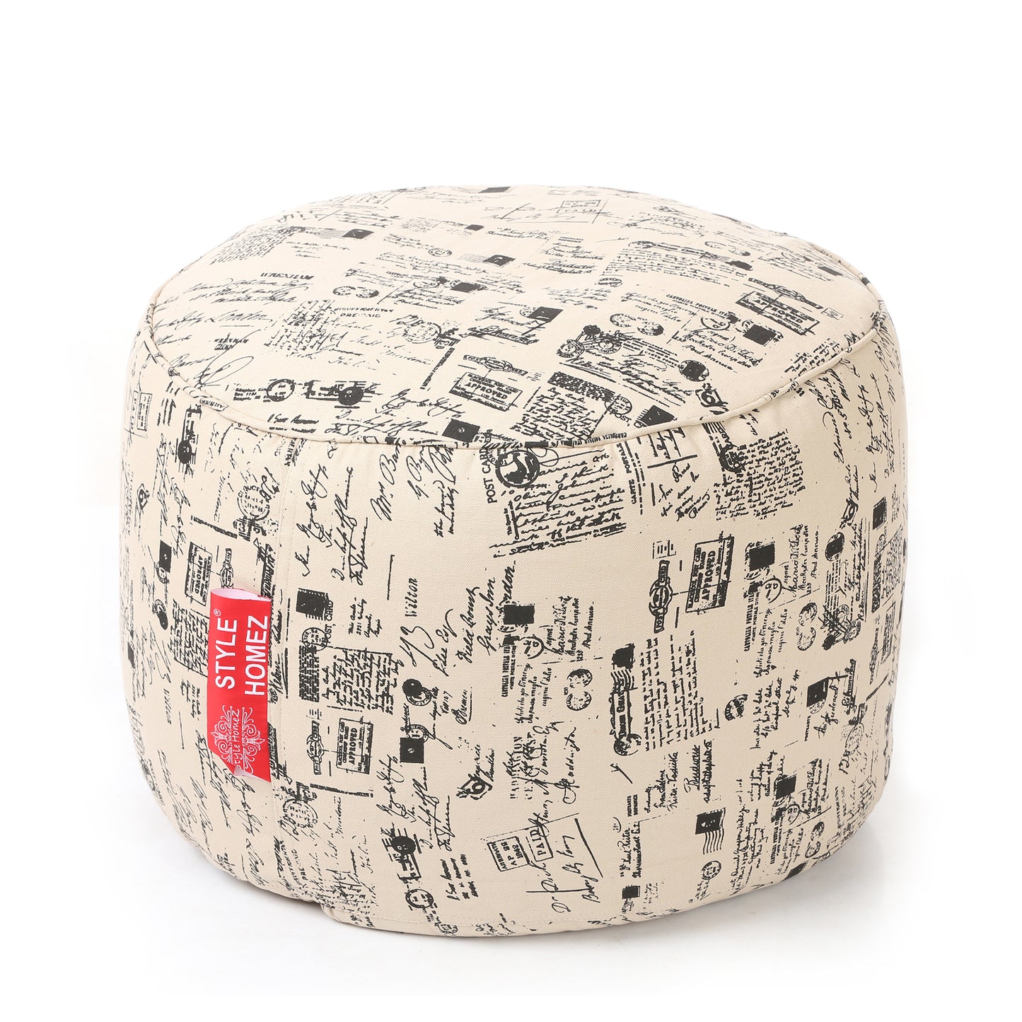 Style Homez Round Ottoman, Cotton Canvas Abstract Printed Bean Bag Stool Large Size Filled with Beans Fillers, Light Honey Color