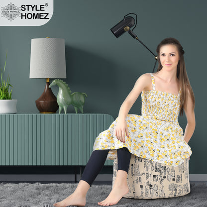 Style Homez Round Ottoman, Cotton Canvas Abstract Printed Bean Bag Stool Large Size Filled with Beans Fillers, Light Honey Color