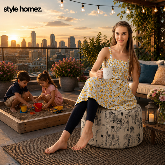 Style Homez Round Ottoman, Cotton Canvas Abstract Printed Bean Bag Stool Large Size Filled with Beans, Light Honey Color