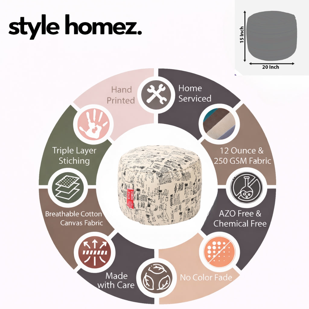 Style Homez Round Ottoman, Cotton Canvas Abstract Printed Bean Bag Stool Large Size Filled with Beans Fillers, Light Honey Color