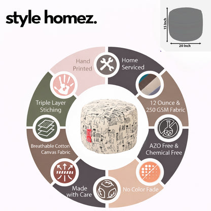 Style Homez Round Ottoman, Cotton Canvas Abstract Printed Bean Bag Stool Large Size Filled with Beans Fillers, Light Honey Color