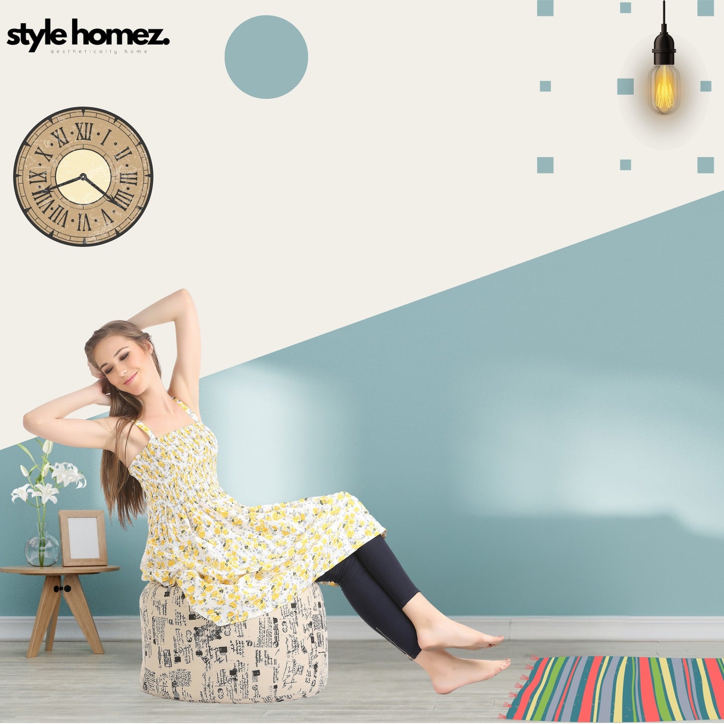 Style Homez Round Ottoman, Cotton Canvas Abstract Printed Bean Bag Stool Large Size Filled with Beans Fillers, Light Honey Color