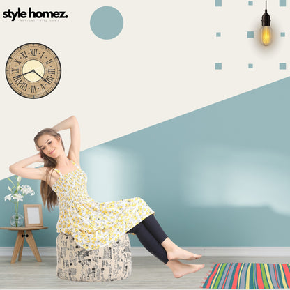 Style Homez Round Ottoman, Cotton Canvas Abstract Printed Bean Bag Stool Large Size Filled with Beans Fillers, Light Honey Color