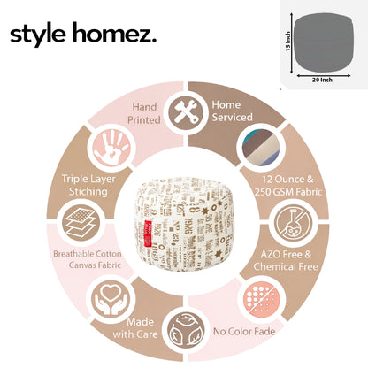 Style Homez Round Ottoman, Cotton Canvas Abstract Printed Bean Bag Stool Large Size Filled with Beans, Caramel Color